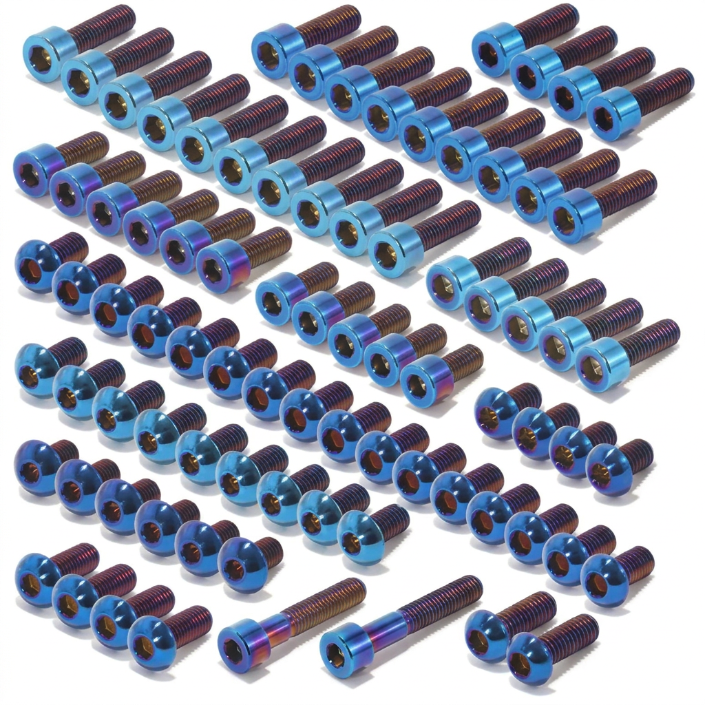 Burnt Blue titanium bolt kit on a white background